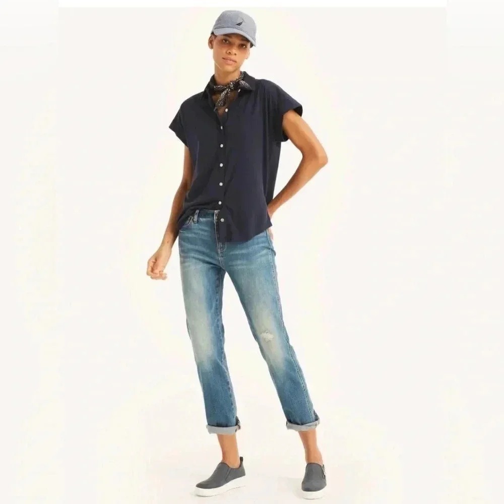 Nautica Linen Viscose Navy Blue Short Sleeve Button Down Shirt Women's Small NWT